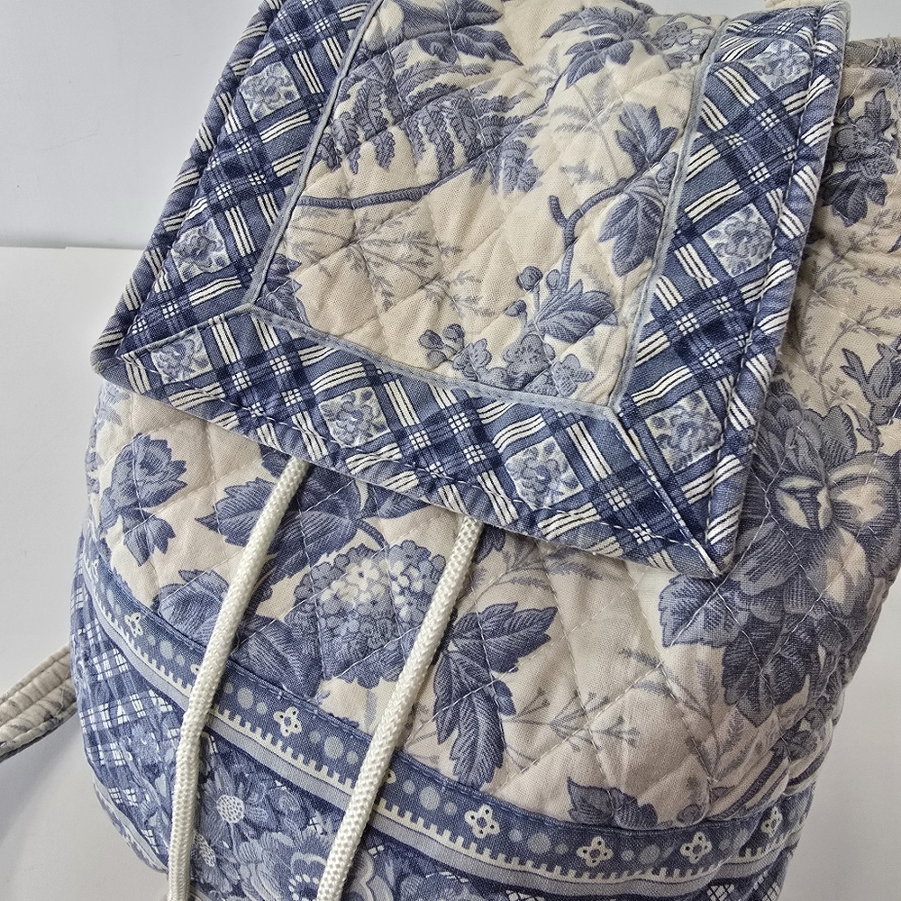Vera Bradley Blue Toile Floral Plaid 90s Drawstring Daypack Napsack Backpack VTG - Picture 2 of 15